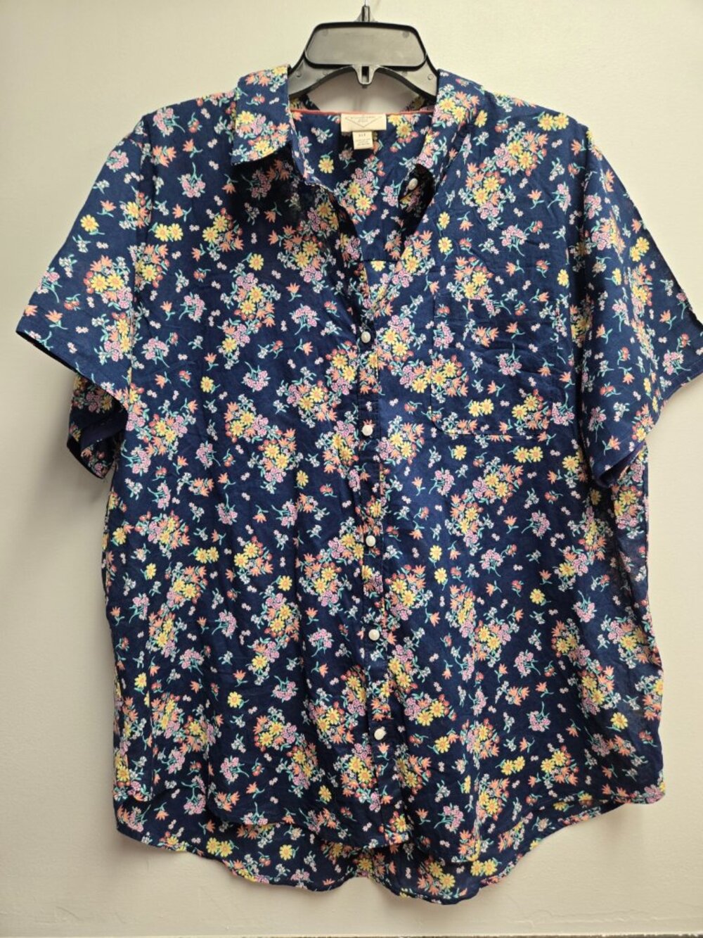 St Johns Bay Womens Floral Button Up Blouse Blue XLT Tall Cotton Short Sleeve